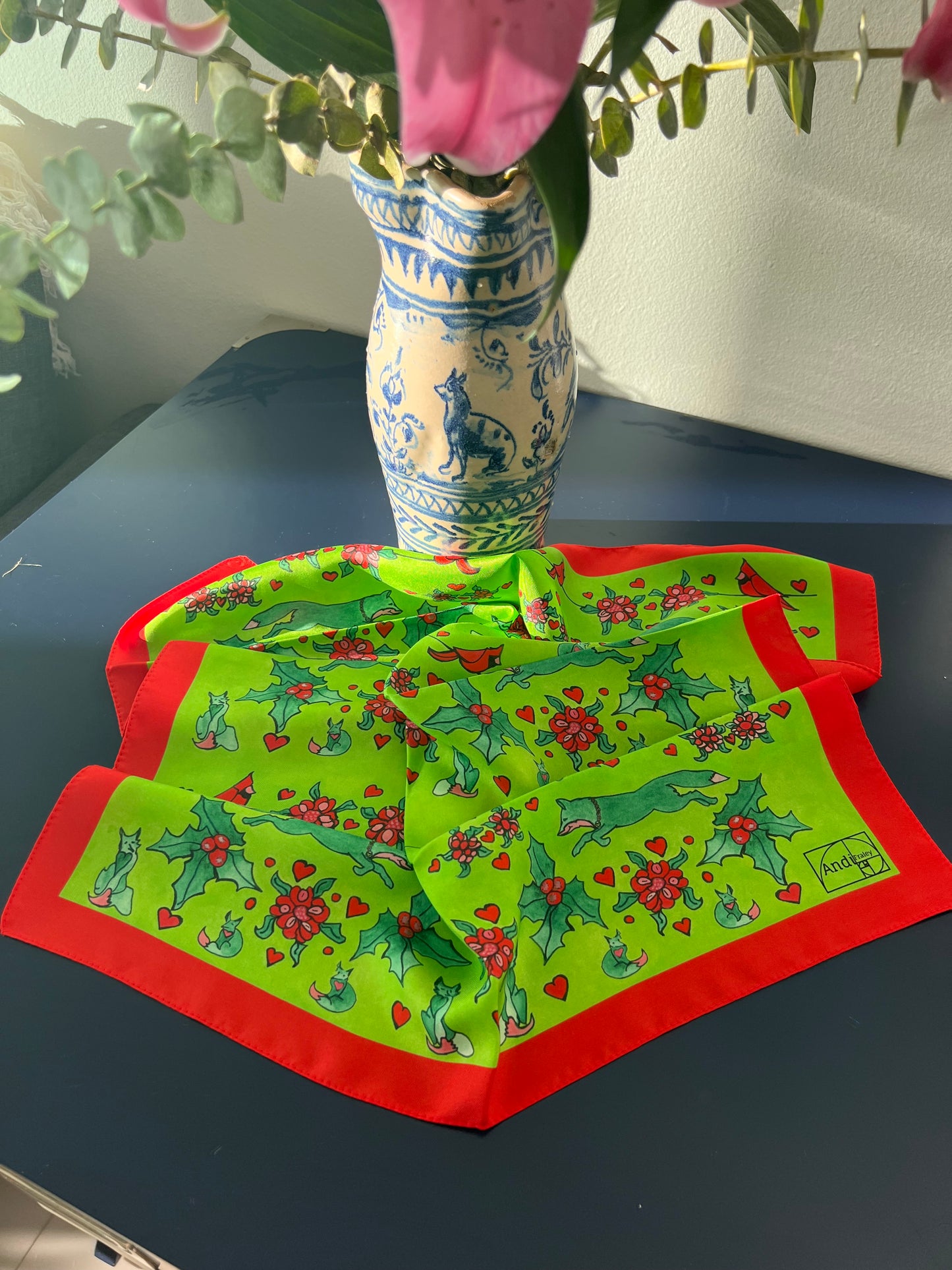 XCustom Limited Edition 20 x 20 inch square 100% Italian Silk Twill Fox + Cardinal's Holly Day