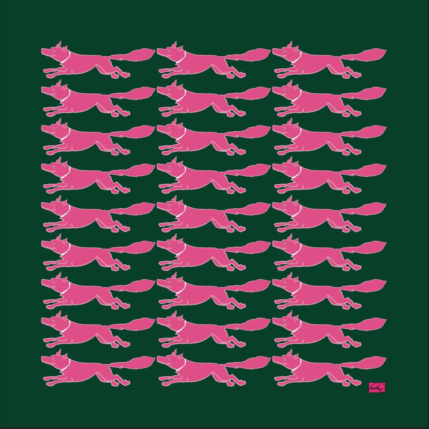 53 x 53 inch square 70% Cotton 30% Silk, Racing Fox with Pearls Dark Green + Pink