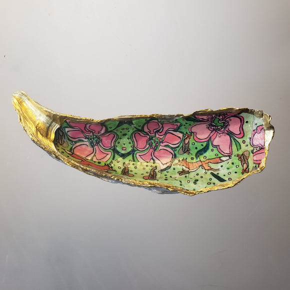 Oyster Shell Trinket Dish with Gilded Edge - Vixen Racer in Pink and Green Design
