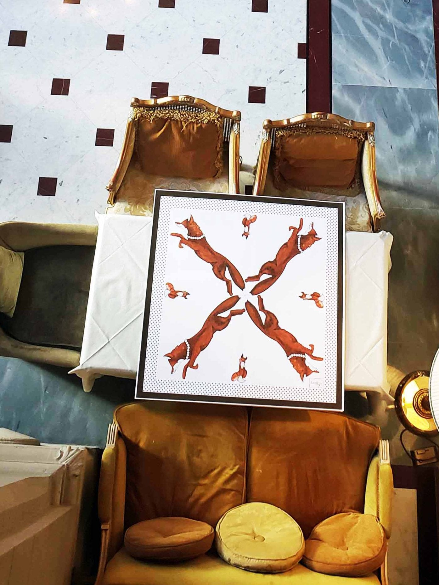 35 x 35 inch square 100% Italian Silk Twill Racing Fox with Pearls