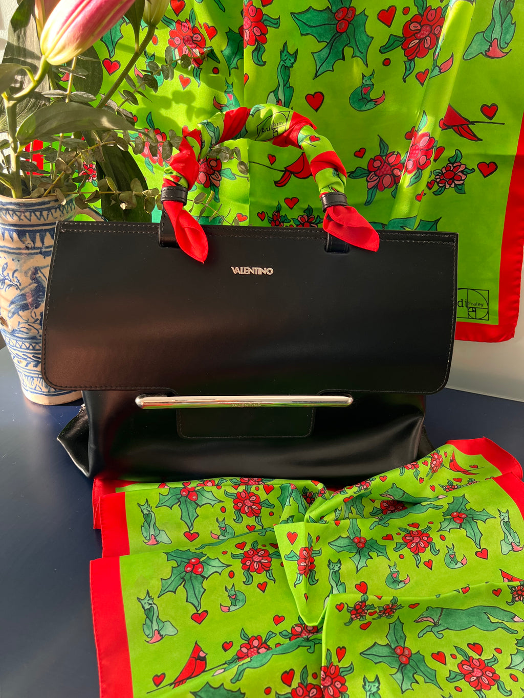 XCustom Limited Edition 20 x 20 inch square 100% Italian Silk Twill Fox + Cardinal's Holly Day
