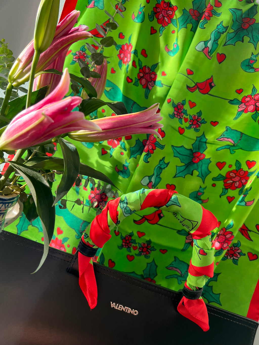 XCustom Limited Edition 20 x 20 inch square 100% Italian Silk Twill Fox + Cardinal's Holly Day