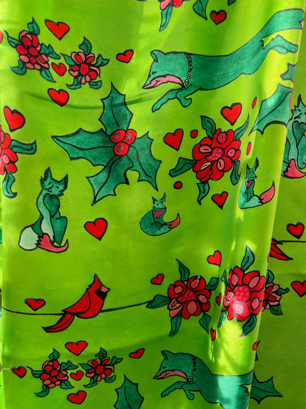 XCustom Limited Edition 20 x 20 inch square 100% Italian Silk Twill Fox + Cardinal's Holly Day