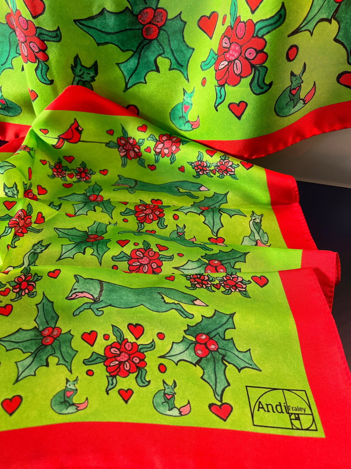 XCustom Limited Edition 20 x 20 inch square 100% Italian Silk Twill Fox + Cardinal's Holly Day