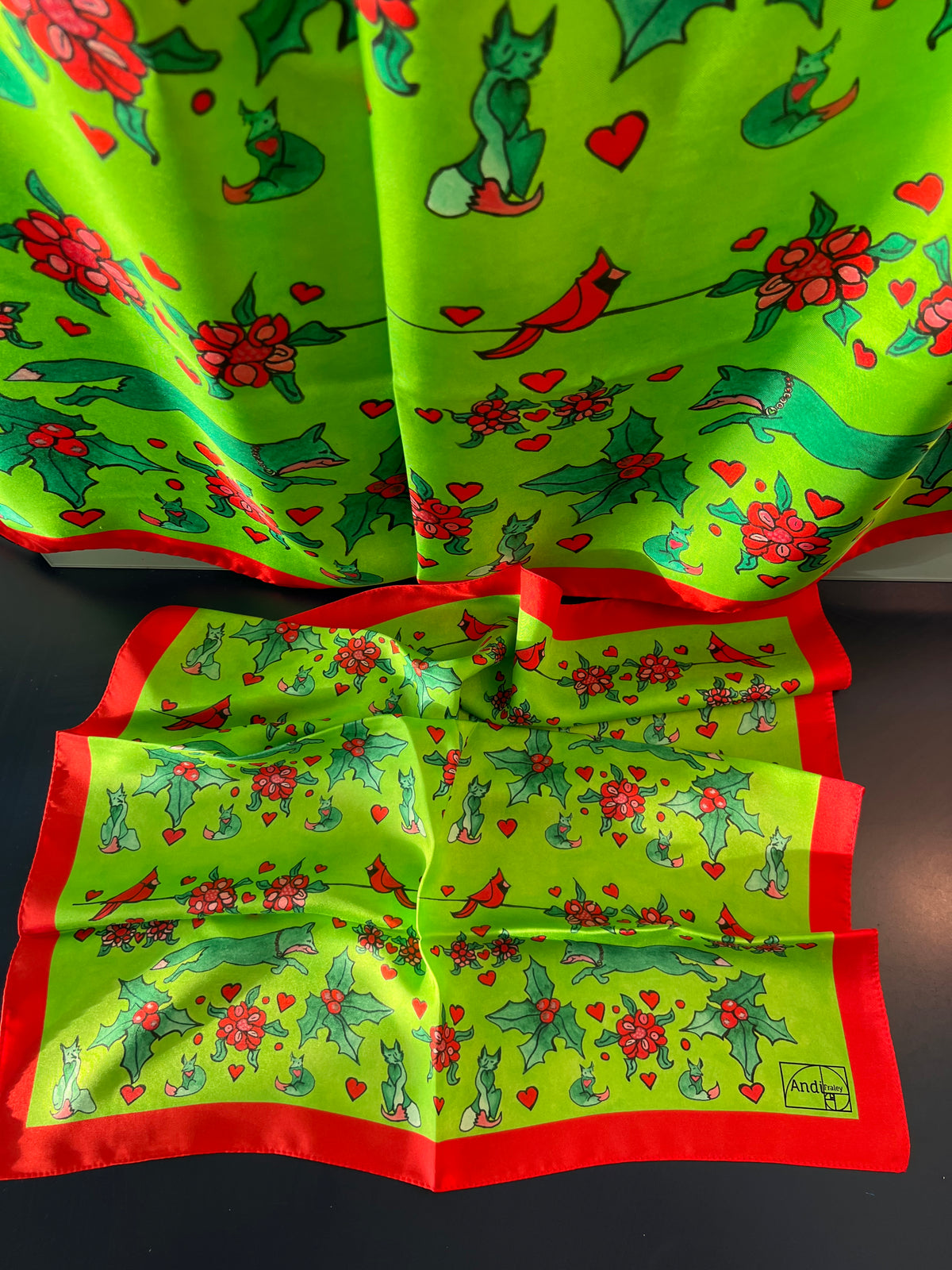 XCustom Limited Edition 20 x 20 inch square 100% Italian Silk Twill Fox + Cardinal's Holly Day