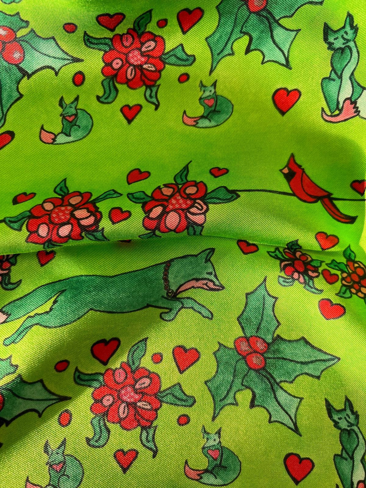 XCustom Limited Edition 20 x 20 inch square 100% Italian Silk Twill Fox + Cardinal's Holly Day