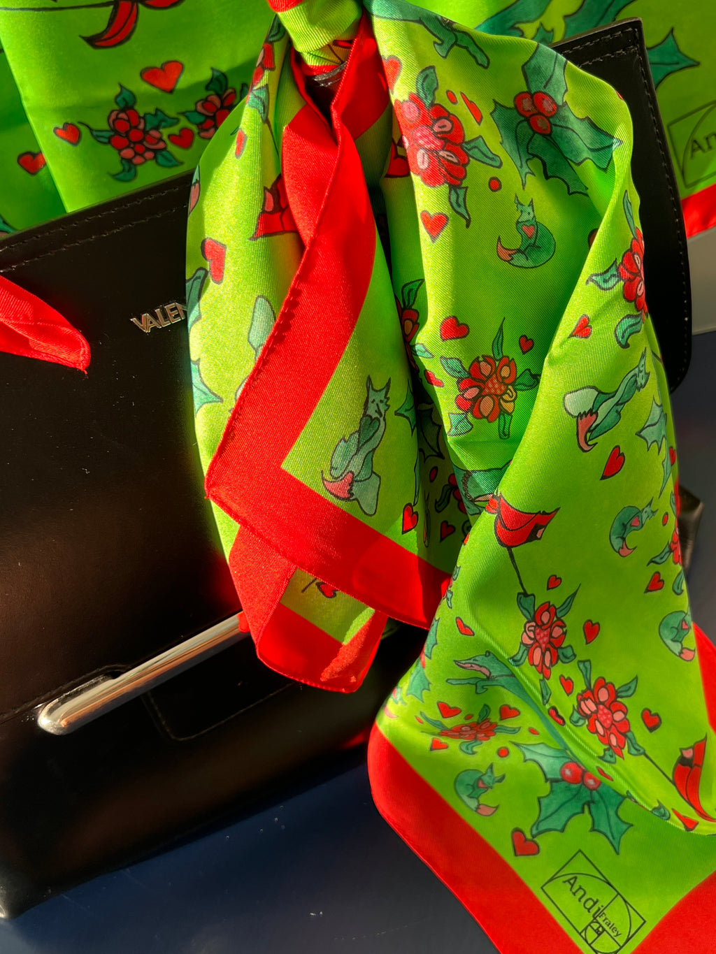 XCustom Limited Edition 20 x 20 inch square 100% Italian Silk Twill Fox + Cardinal's Holly Day