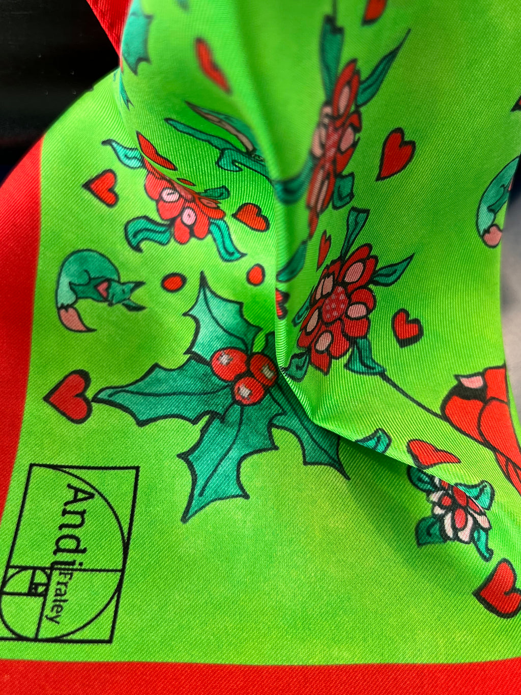 XCustom Limited Edition 20 x 20 inch square 100% Italian Silk Twill Fox + Cardinal's Holly Day