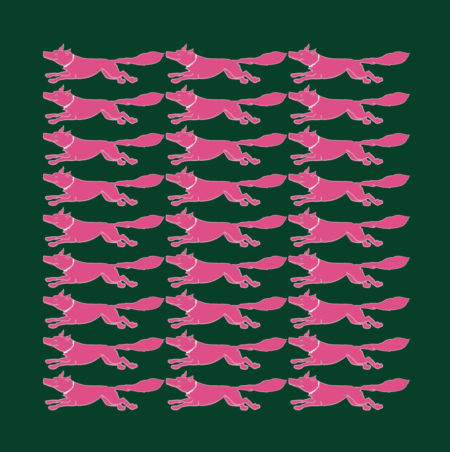 25x25 inch square 100% Cotton Racing Fox with Pearls Dark Green + Pink