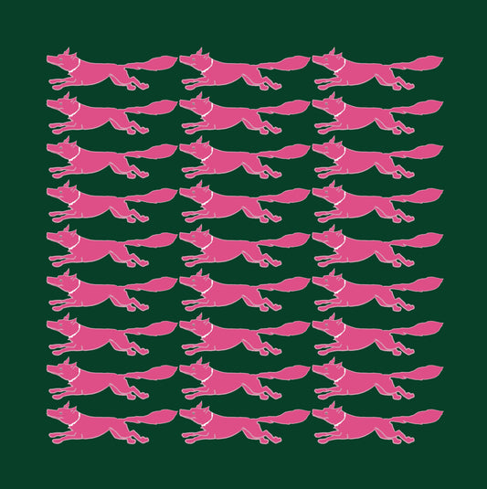 25x25 inch square 100% Cotton Racing Fox with Pearls Dark Green + Pink