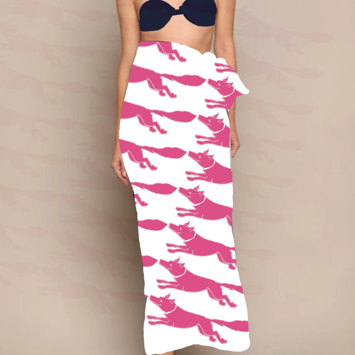 53 x 53 inch square 70% Organic Cotton, 30% Silk  Vixen Racing Fox with Pearls White + Pink