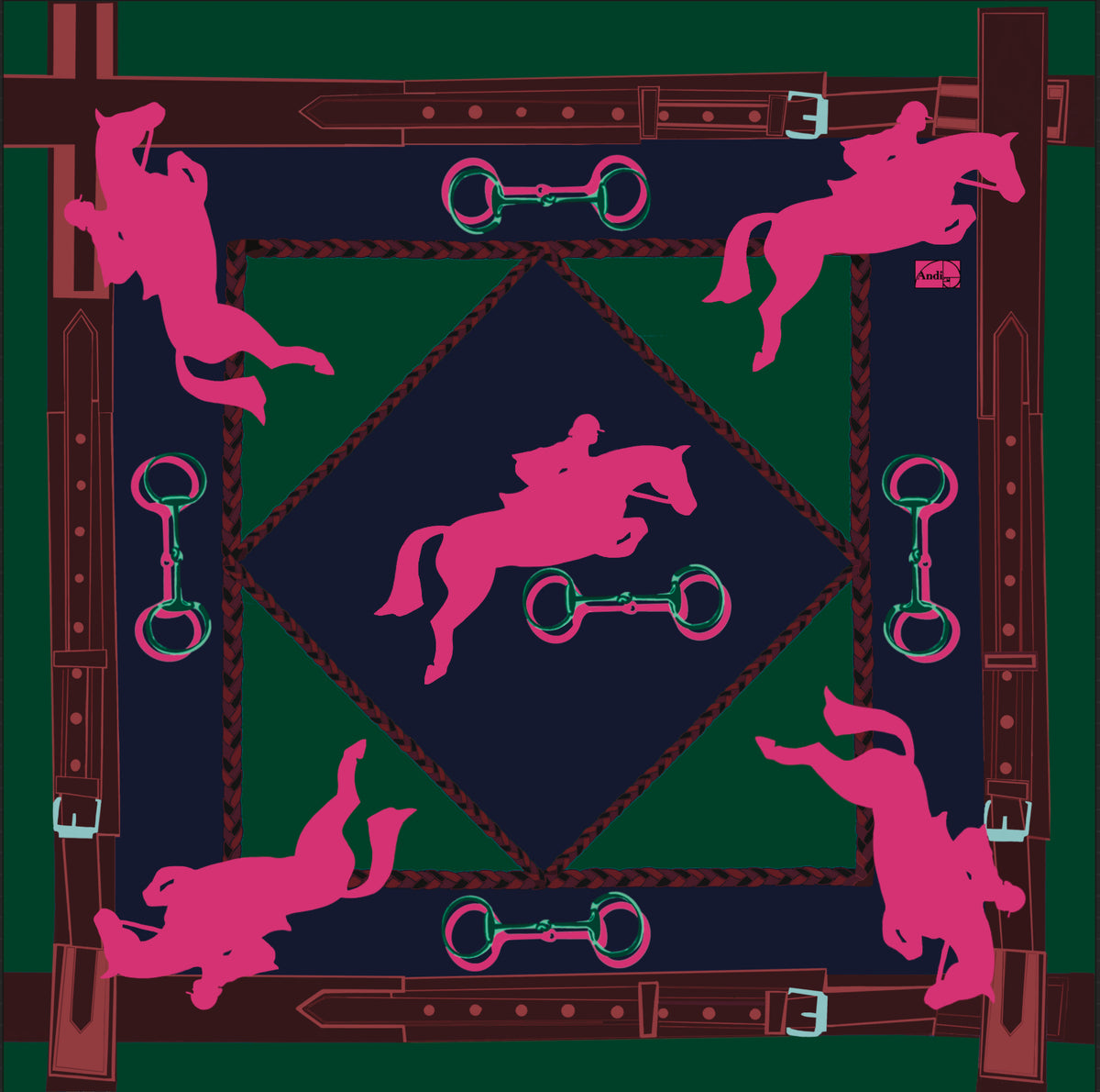 53 x 53 inch square 70% Organic Cotton, 30% Silk Jumper in Dark Green + Pink