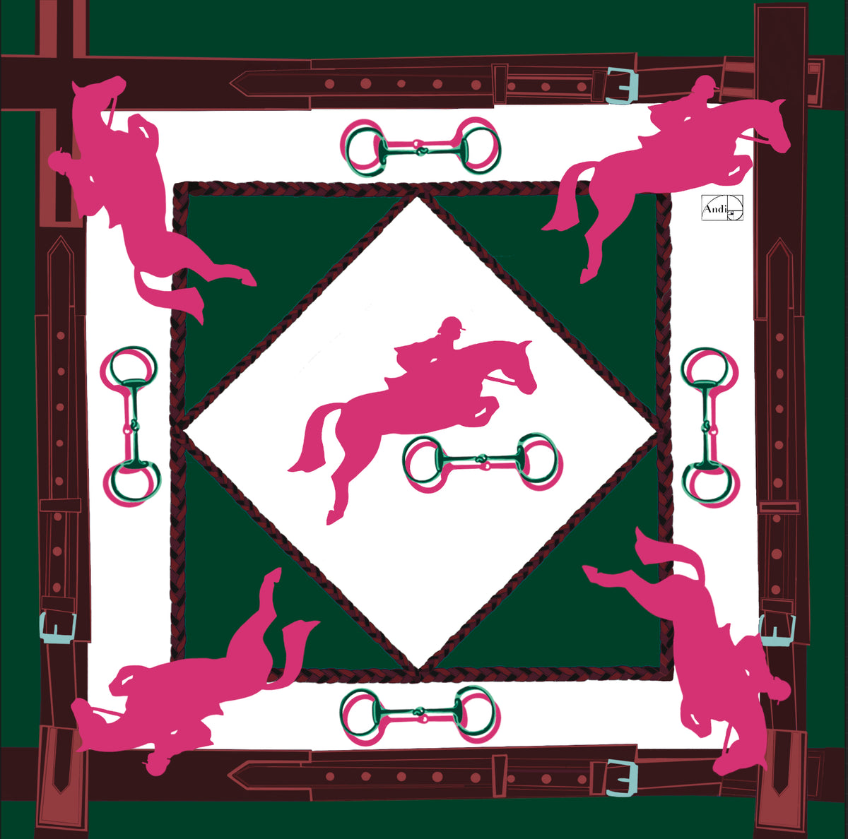53 x 53 inch square 70% Organic Cotton, 30% Silk Jumper in Dark Green + Pink