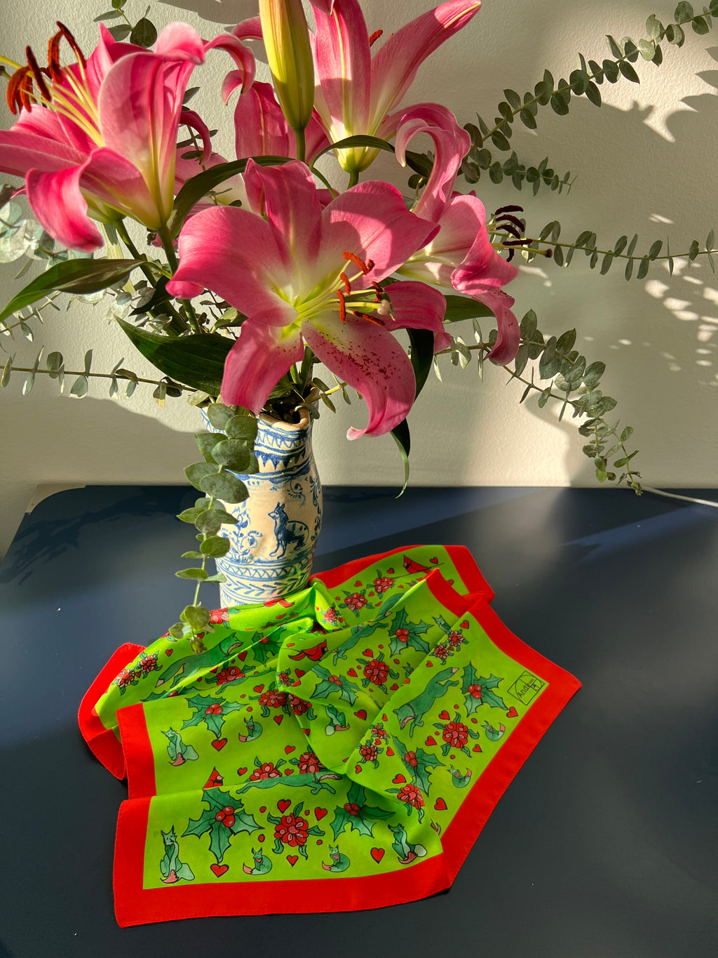 XCustom Limited Edition 20 x 20 inch square 100% Italian Silk Twill Fox + Cardinal's Holly Day