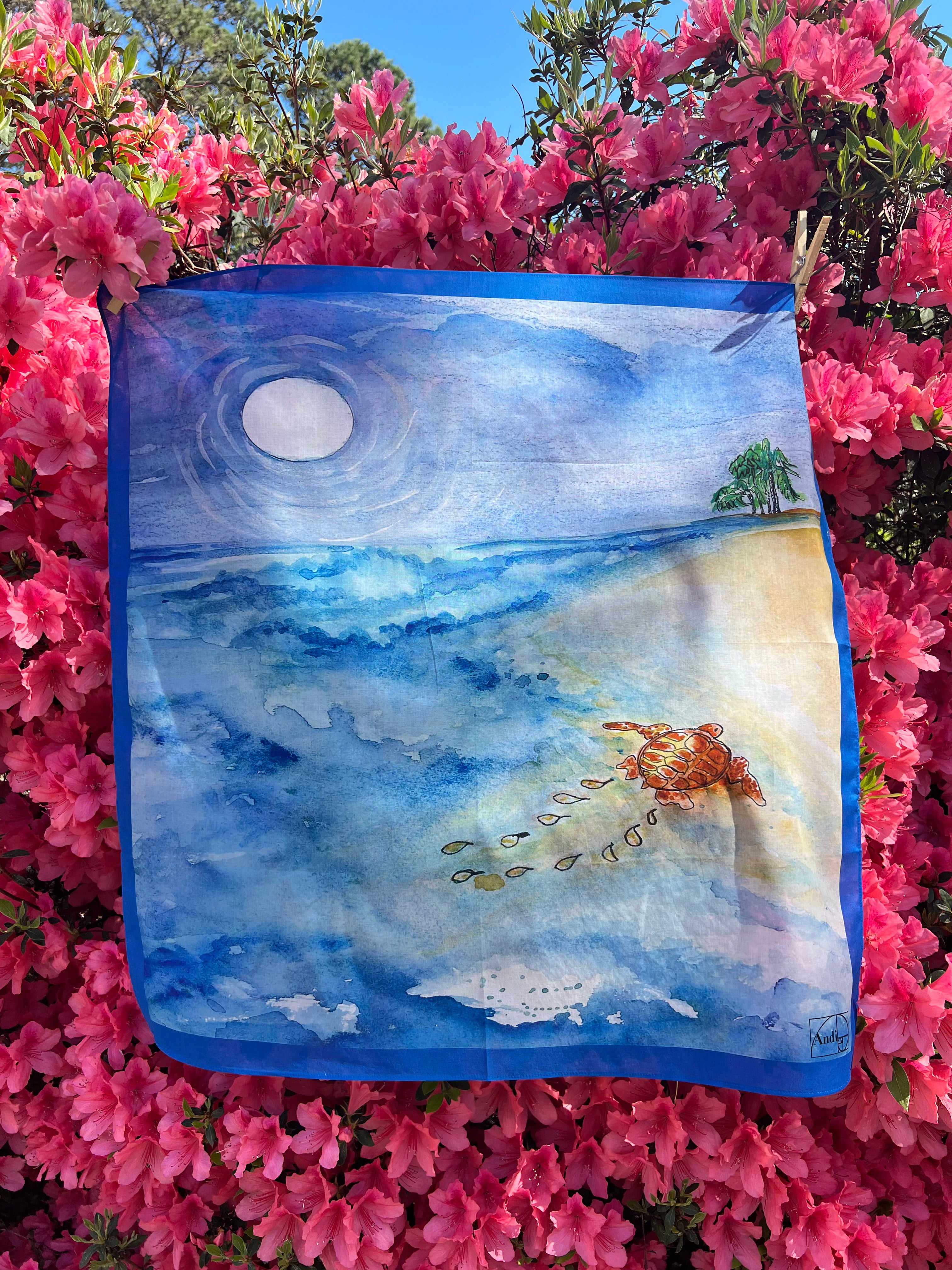 53 x 53 inch square 70% Organic Cotton, 30% Silk Sea Turtle to the Shore