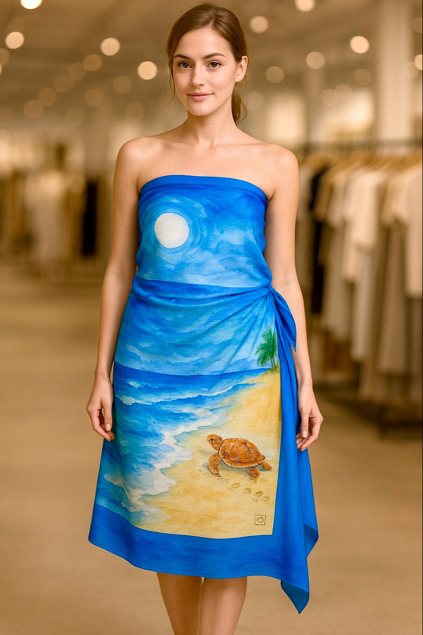 53 x 53 inch square 70% Organic Cotton, 30% Silk Sea Turtle to the Shore