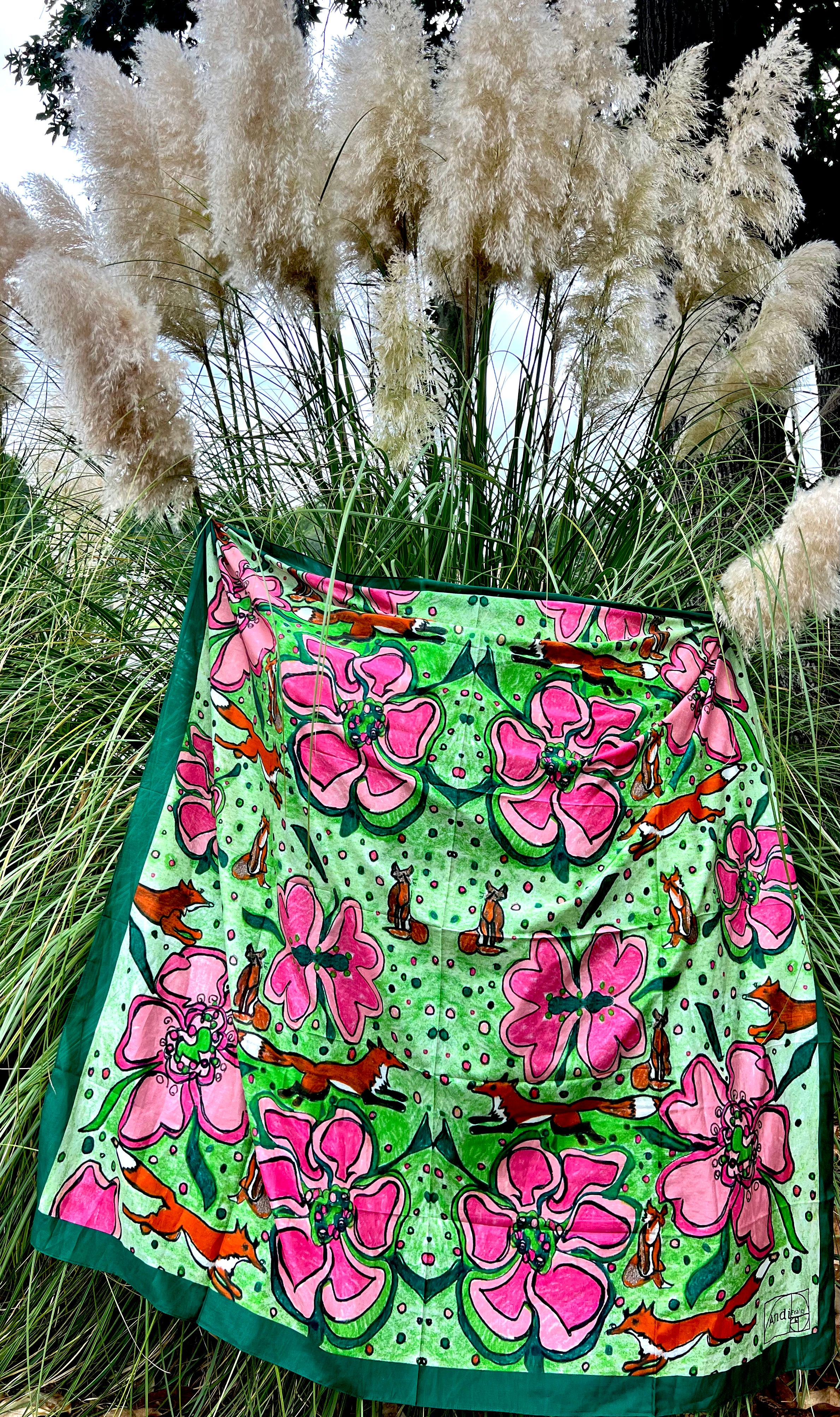 53 x 53 inch square 70% Organic Cotton 30% Silk Fox in Pink and Green