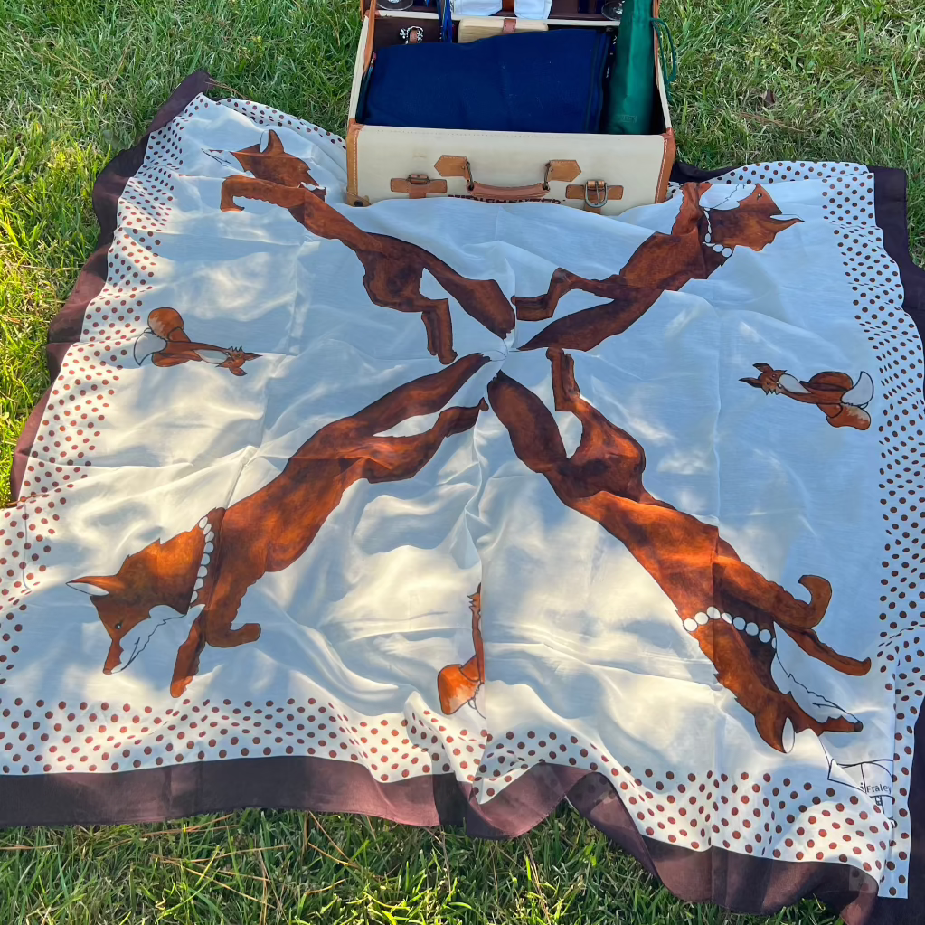 53 x 53 inch square 70% Organic Cotton 30% Silk Racing Fox with Pearls