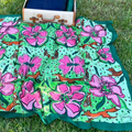 53 x 53 inch square 70% Organic Cotton 30% Silk Fox in Pink and Green