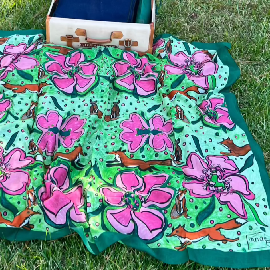 53 x 53 inch square 70% Organic Cotton 30% Silk Fox in Pink and Green