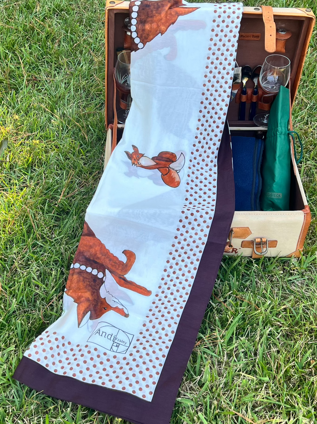 53 x 53 inch square 70% Organic Cotton 30% Silk Racing Fox with Pearls