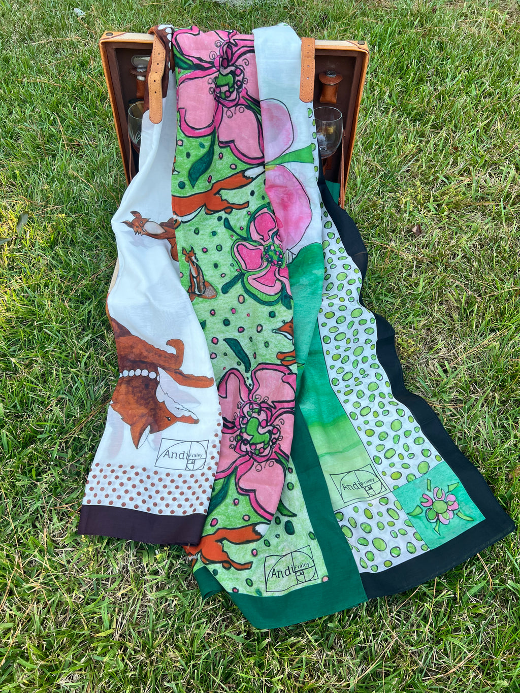 53 x 53 inch square 70% Organic Cotton 30% Silk Fox Trio Scarf Set