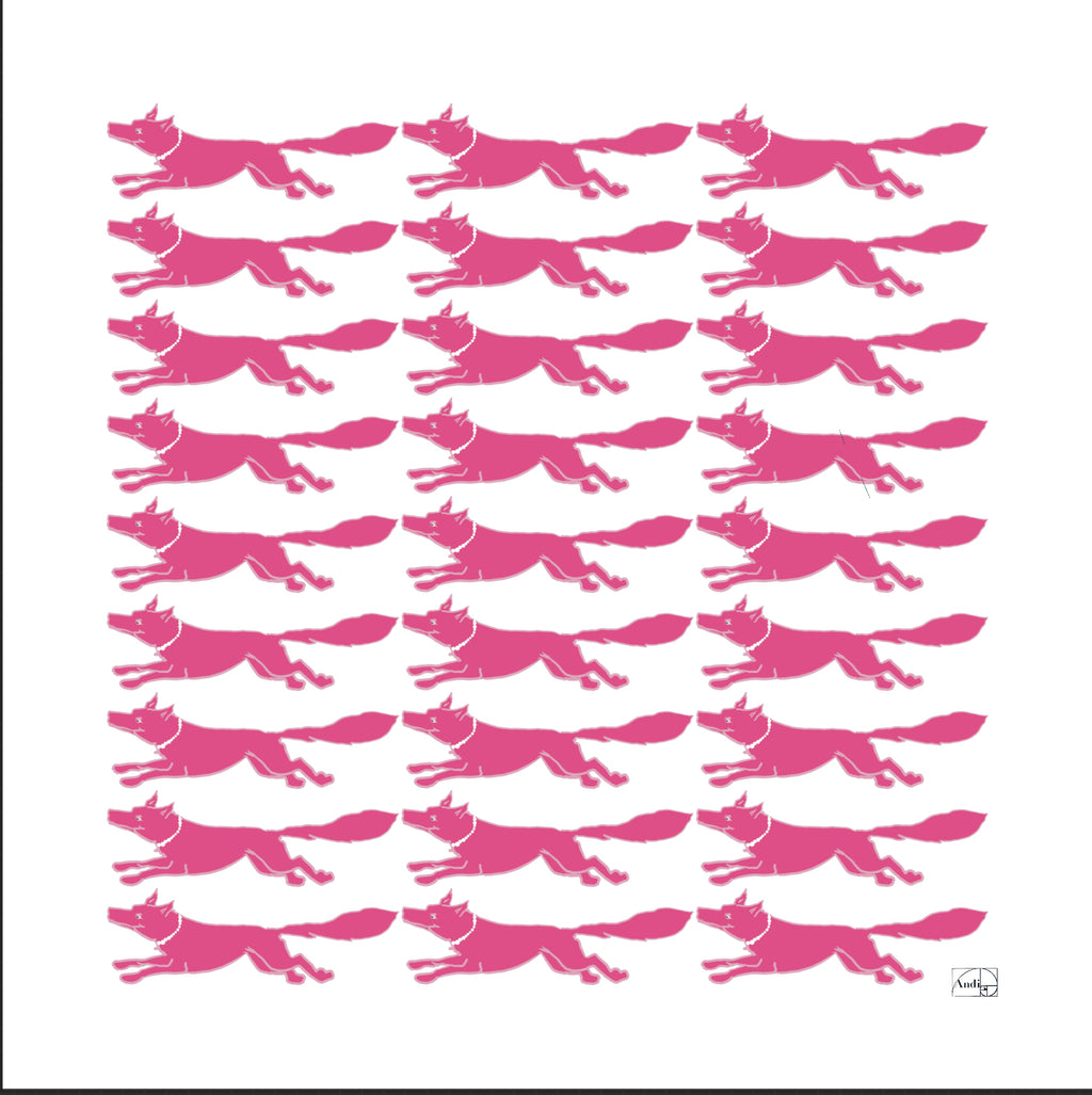 53 x 53 inch square 70% Organic Cotton 30% Silk, Racing Fox with Pearls Dark Green + Pink