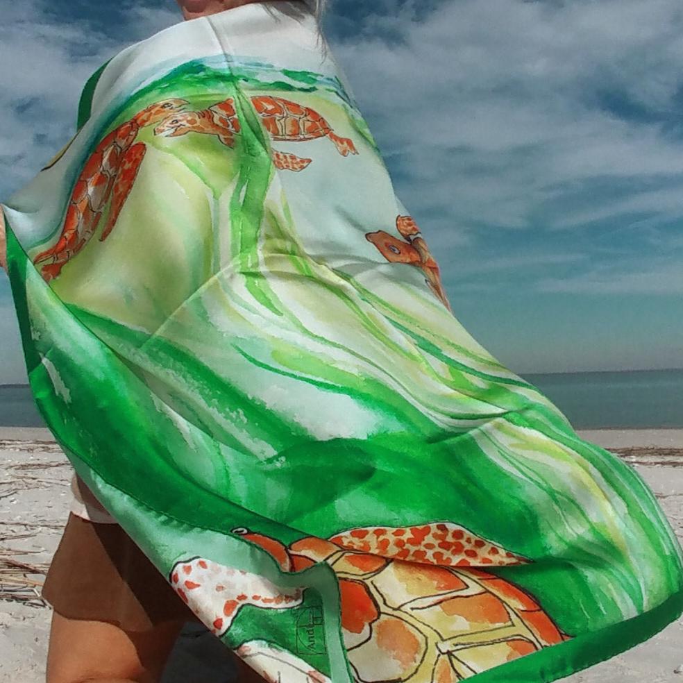35 x 35 inch square 100% Italian Silk Twill Frolicking Sea Turtles