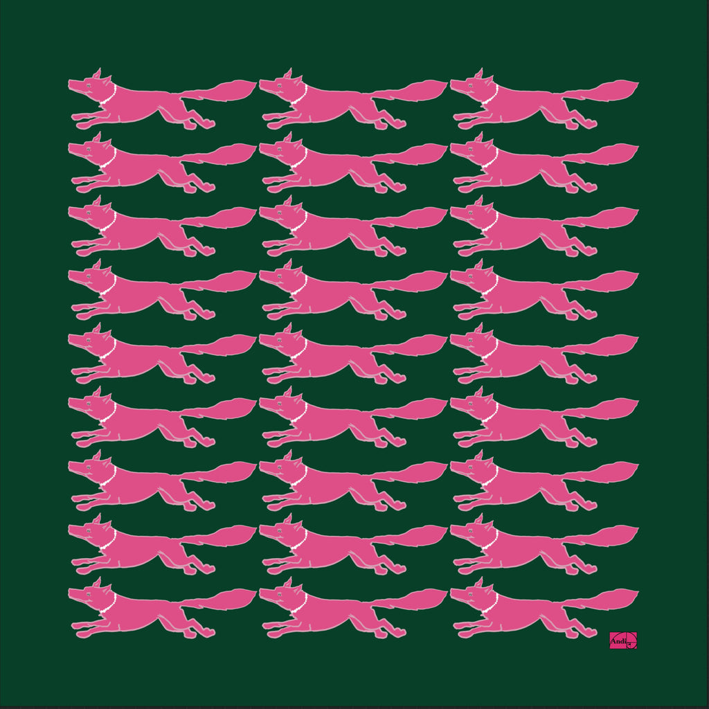 53 x 53 inch square 70% Organic Cotton 30% Silk, Racing Fox with Pearls Dark Green + Pink