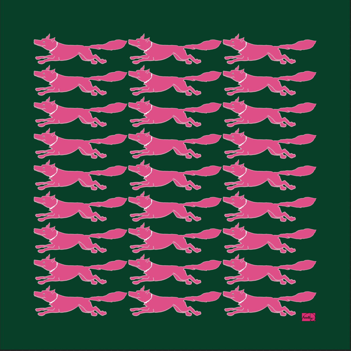 53 x 53 inch square 70% Organic Cotton 30% Silk, Racing Fox with Pearls Dark Green + Pink