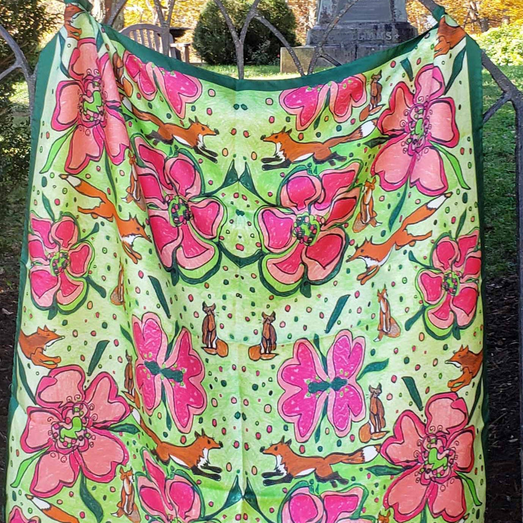 35 x 35 inch square 100% Italian Silk Twill  Fox in Pink and Green