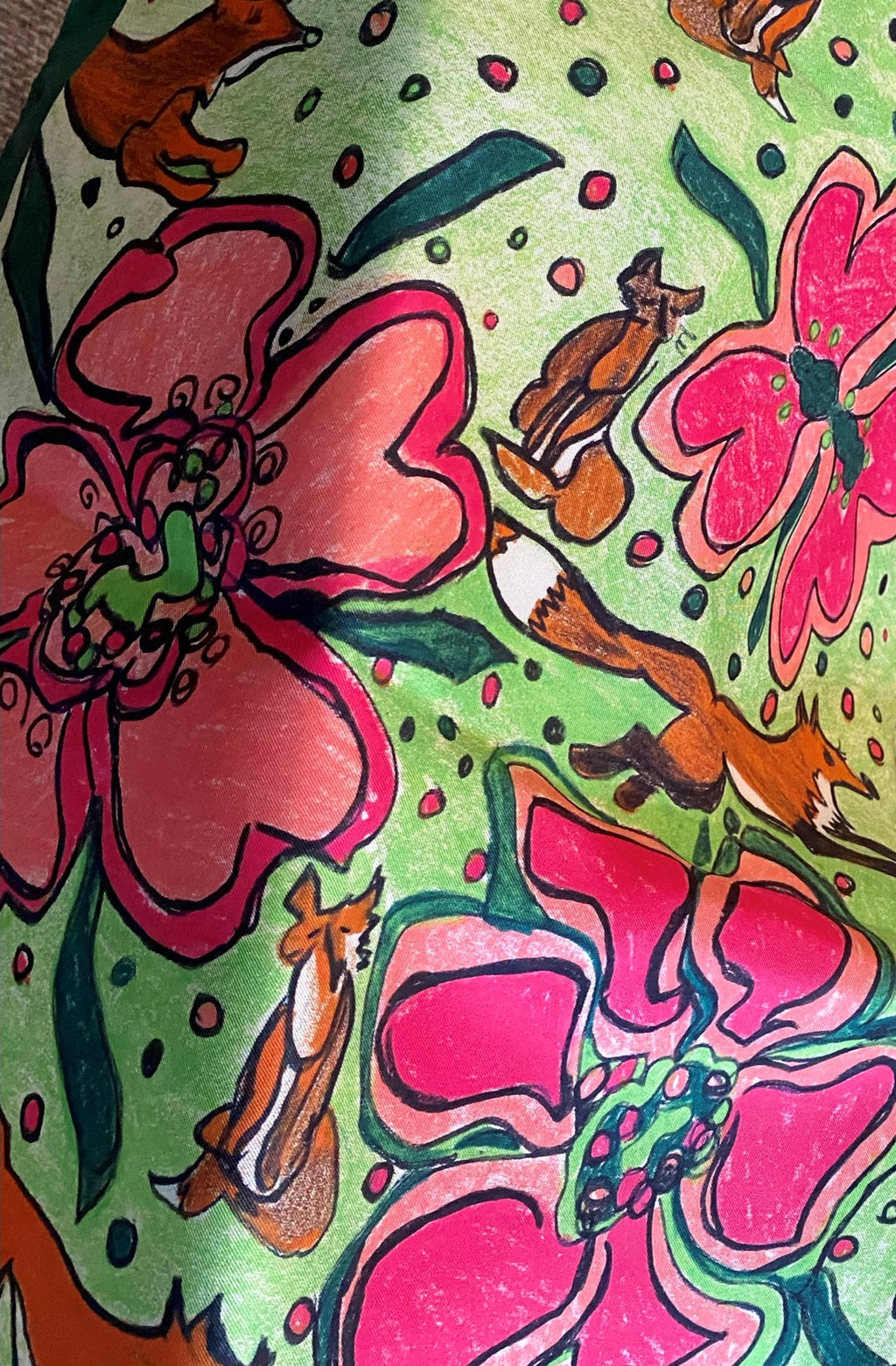 35 x 35 inch square 100% Italian Silk Twill  Fox in Pink and Green