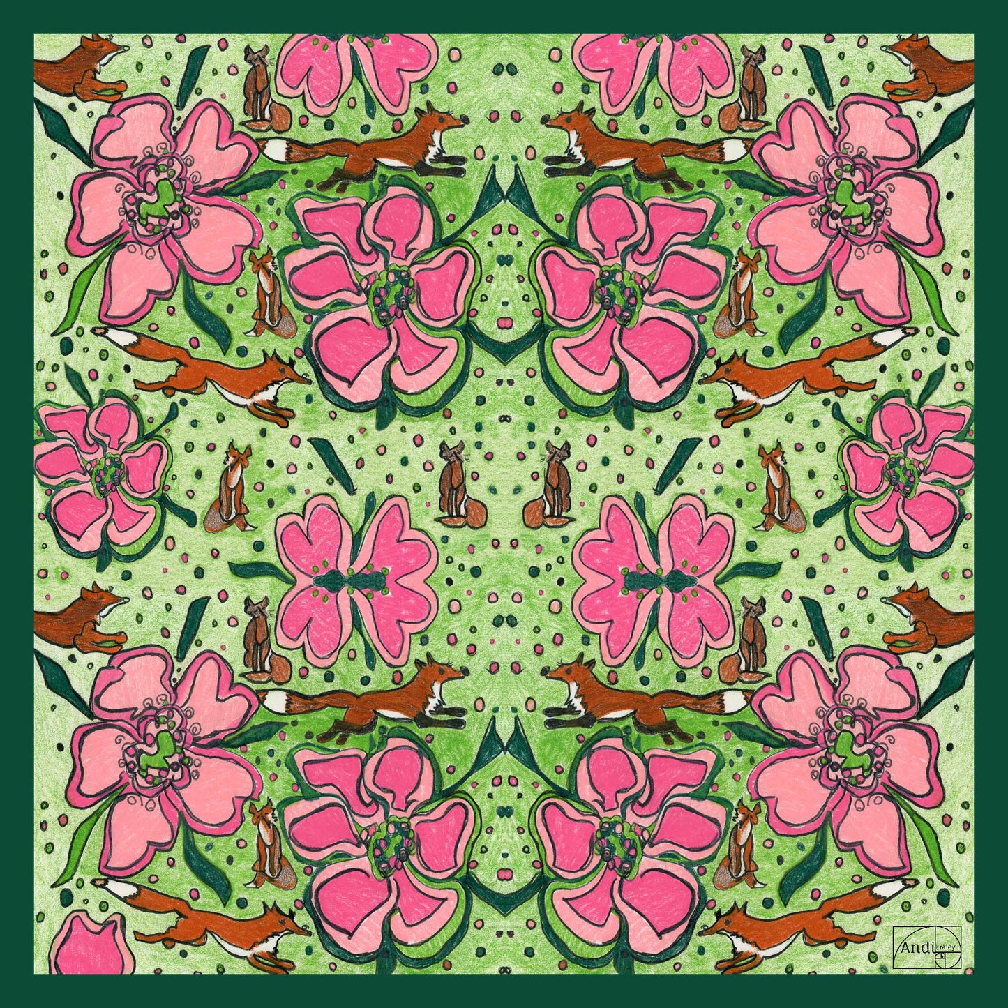 25 x 25 inch square 100% Cotton Fox in Pink and Green
