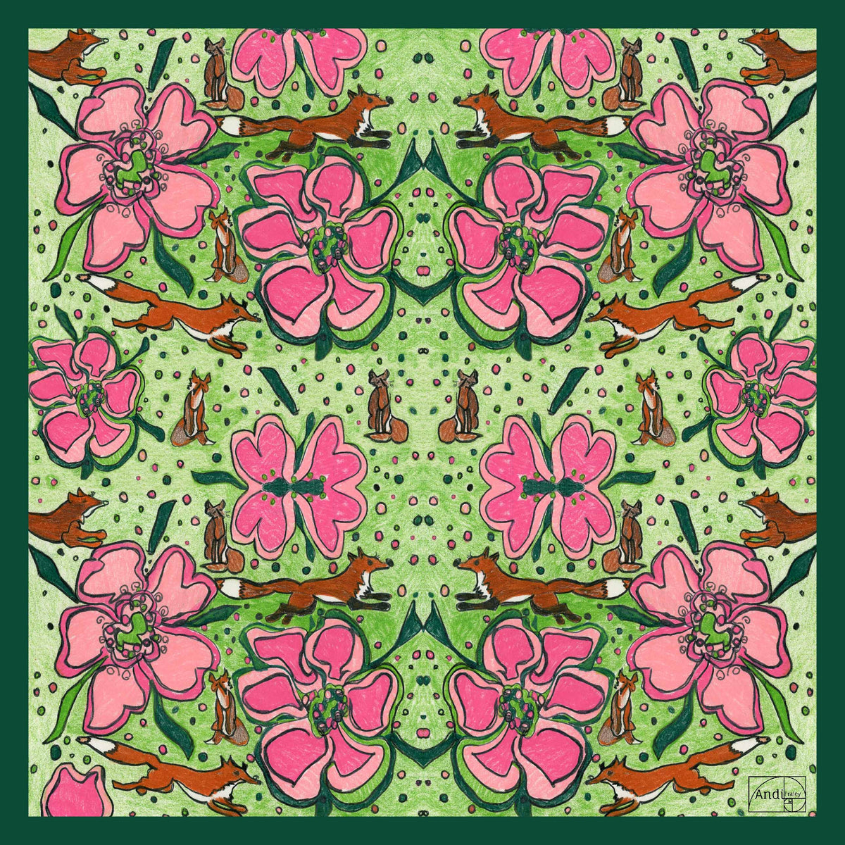 25 x 25 inch square 100% Organic Cotton Fox in Pink and Green
