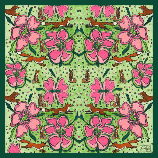 25 x 25 inch square 100% Cotton Fox in Pink and Green