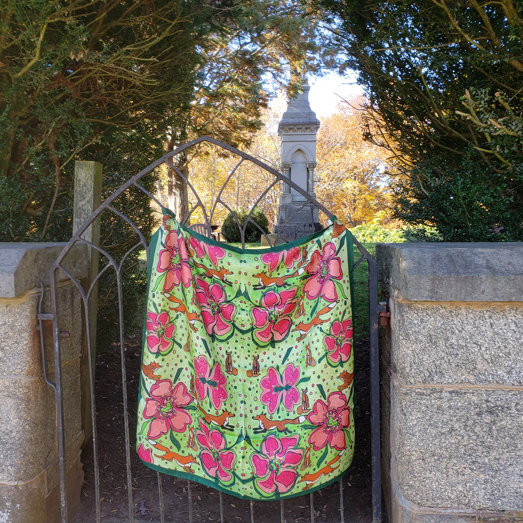 35 x 35 inch square 100% Italian Silk Twill  Fox in Pink and Green