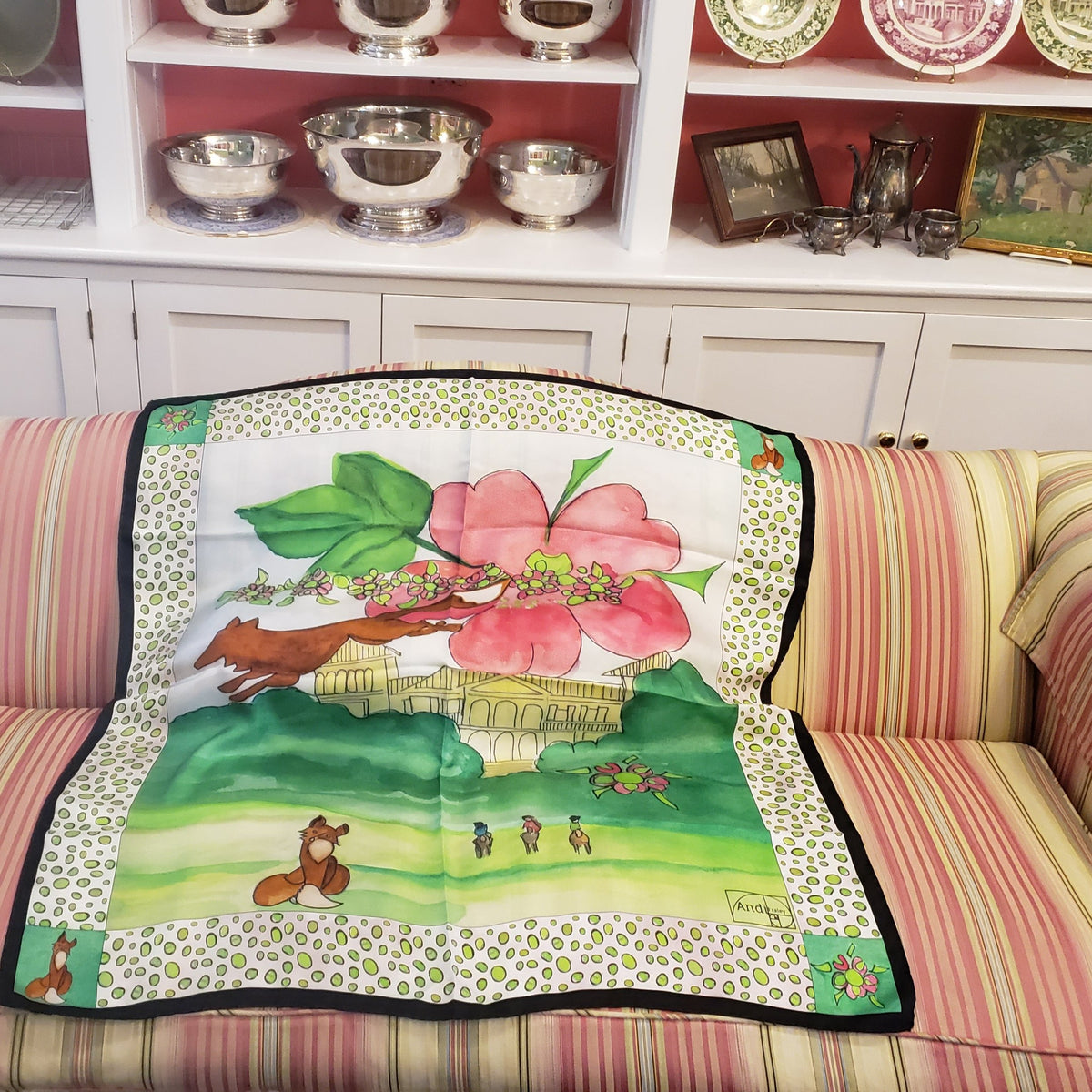 35 x 35 inch square 100% Italian Silk Twill Fox Leaping