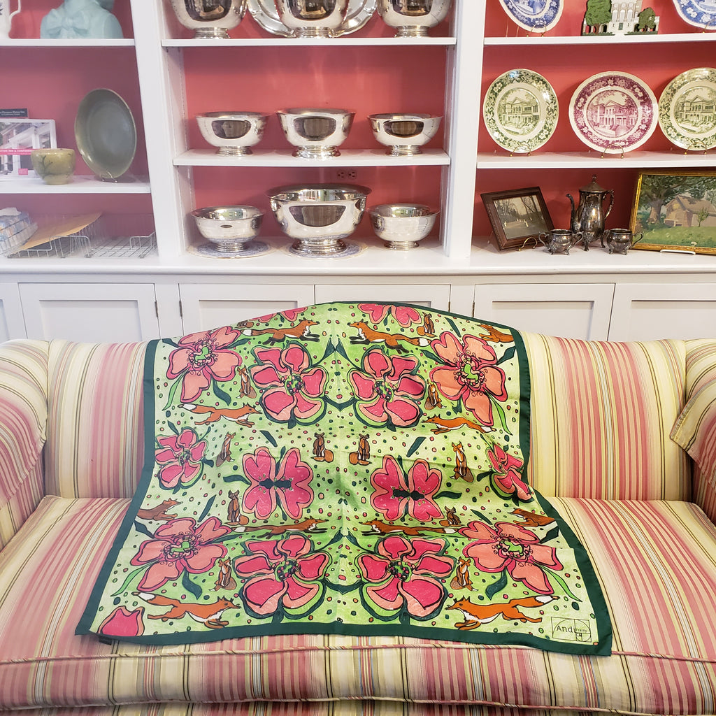 35 x 35 inch square 100% Italian Silk Twill  Fox in Pink and Green