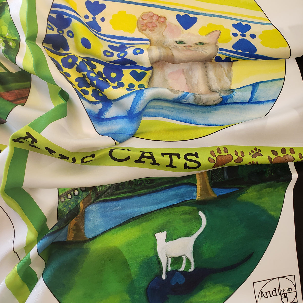 35 x 35 inch square 100% Italian Silk Twill Hemingway Polydactyl Cats