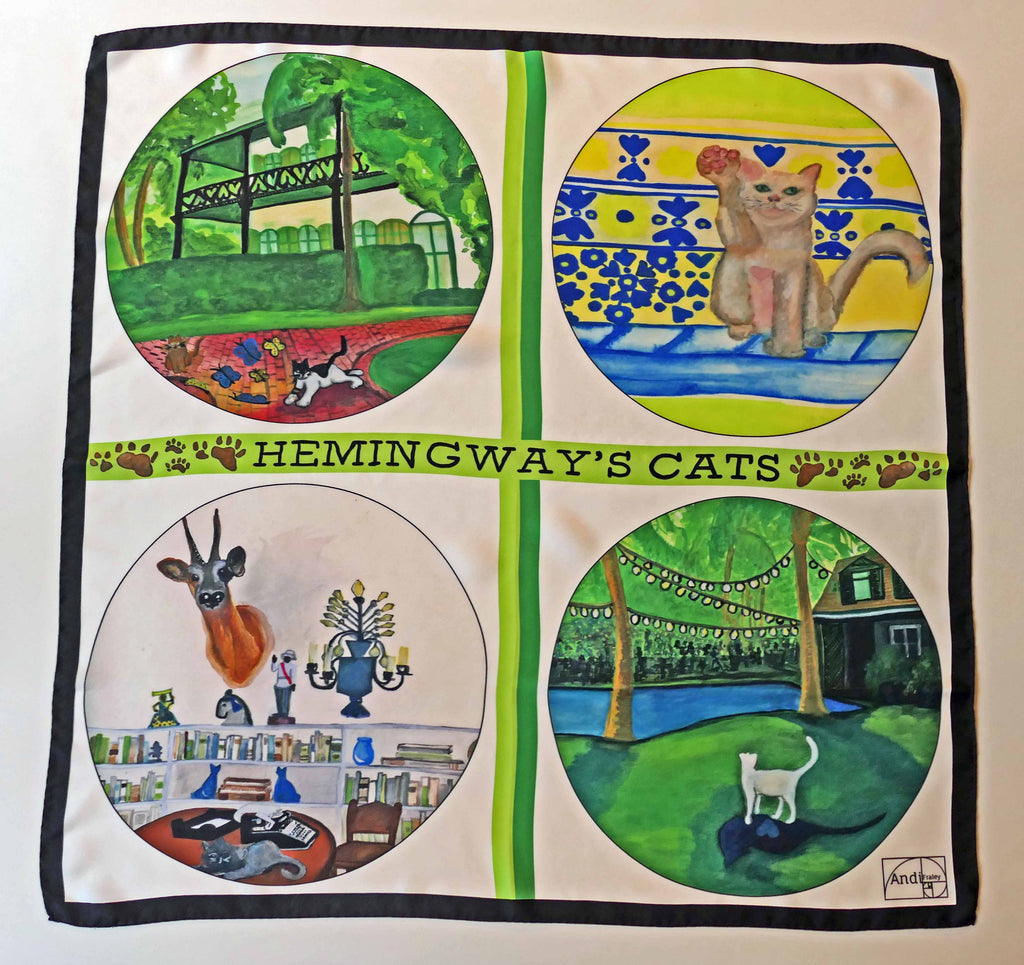 35 x 35 inch square 100% Italian Silk Twill Hemingway Polydactyl Cats