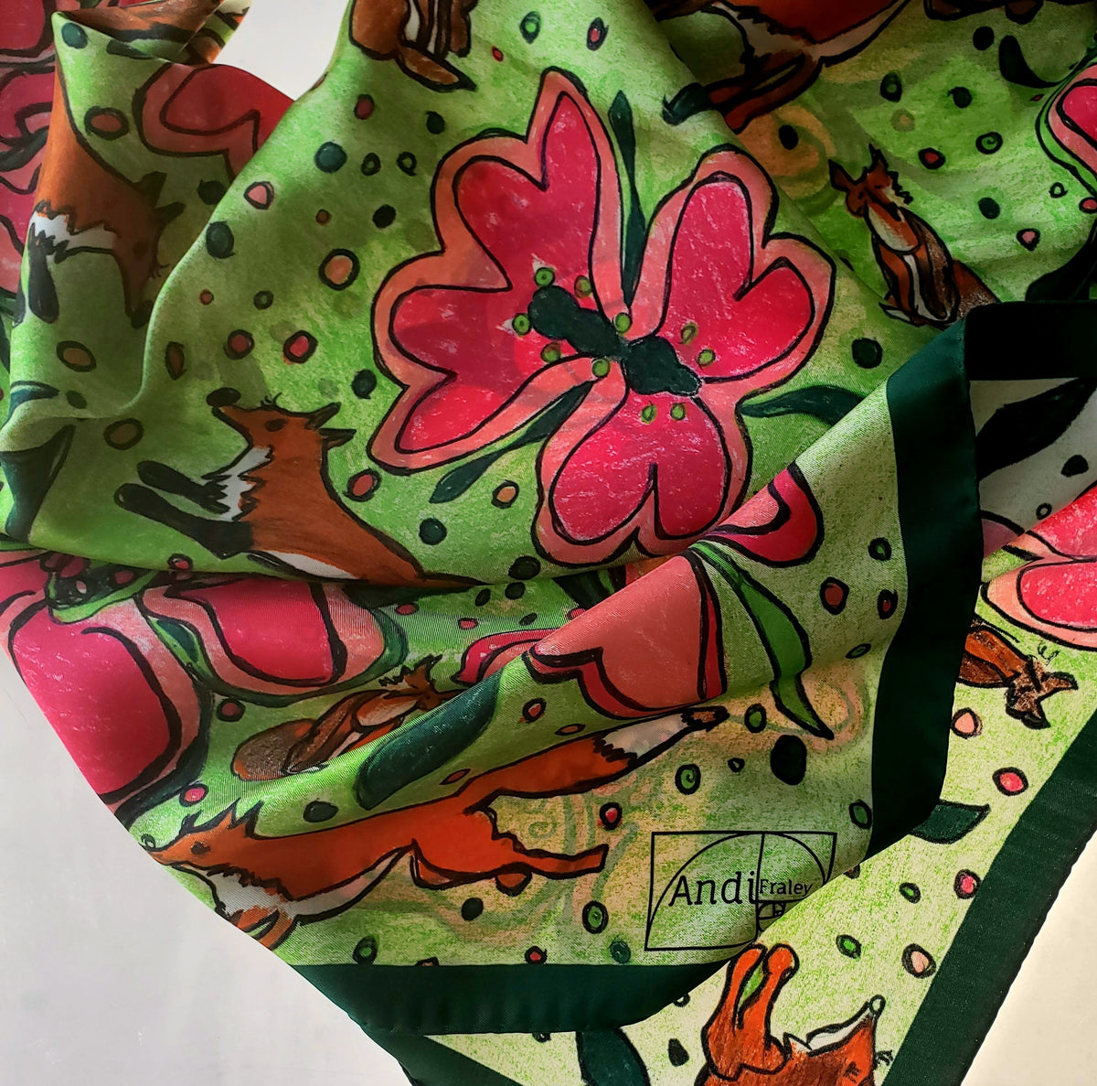 35 x 35 inch square 100% Italian Silk Twill  Fox in Pink and Green