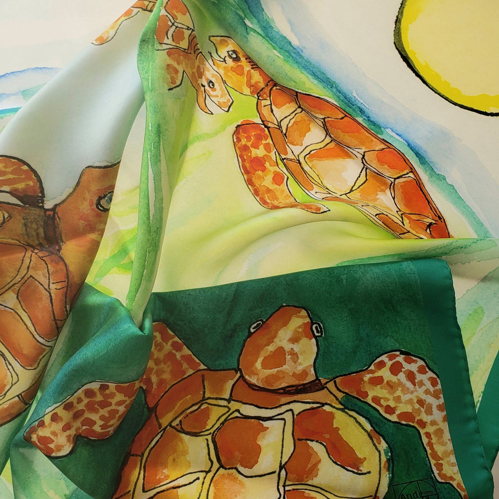 35 x 35 inch square 100% Italian Silk Twill Frolicking Sea Turtles