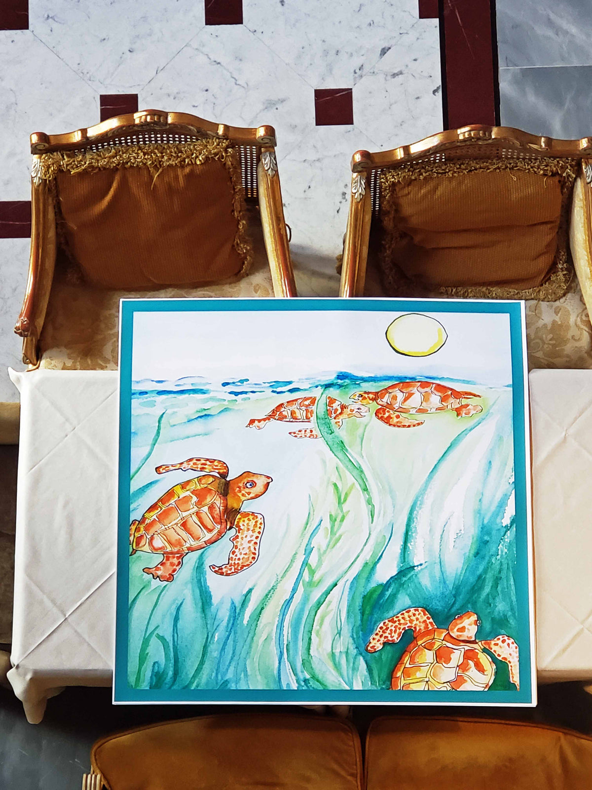35 x 35 inch square 100% Italian Silk Twill Frolicking Sea Turtles