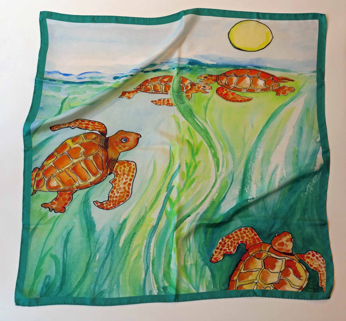 35 x 35 inch square 100% Italian Silk Twill Frolicking Sea Turtles