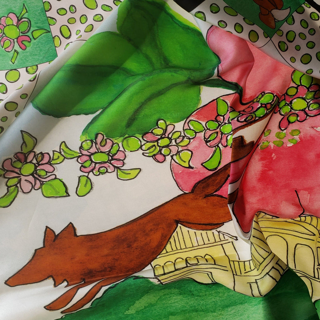 35 x 35 inch square 100% Italian Silk Twill Fox Leaping