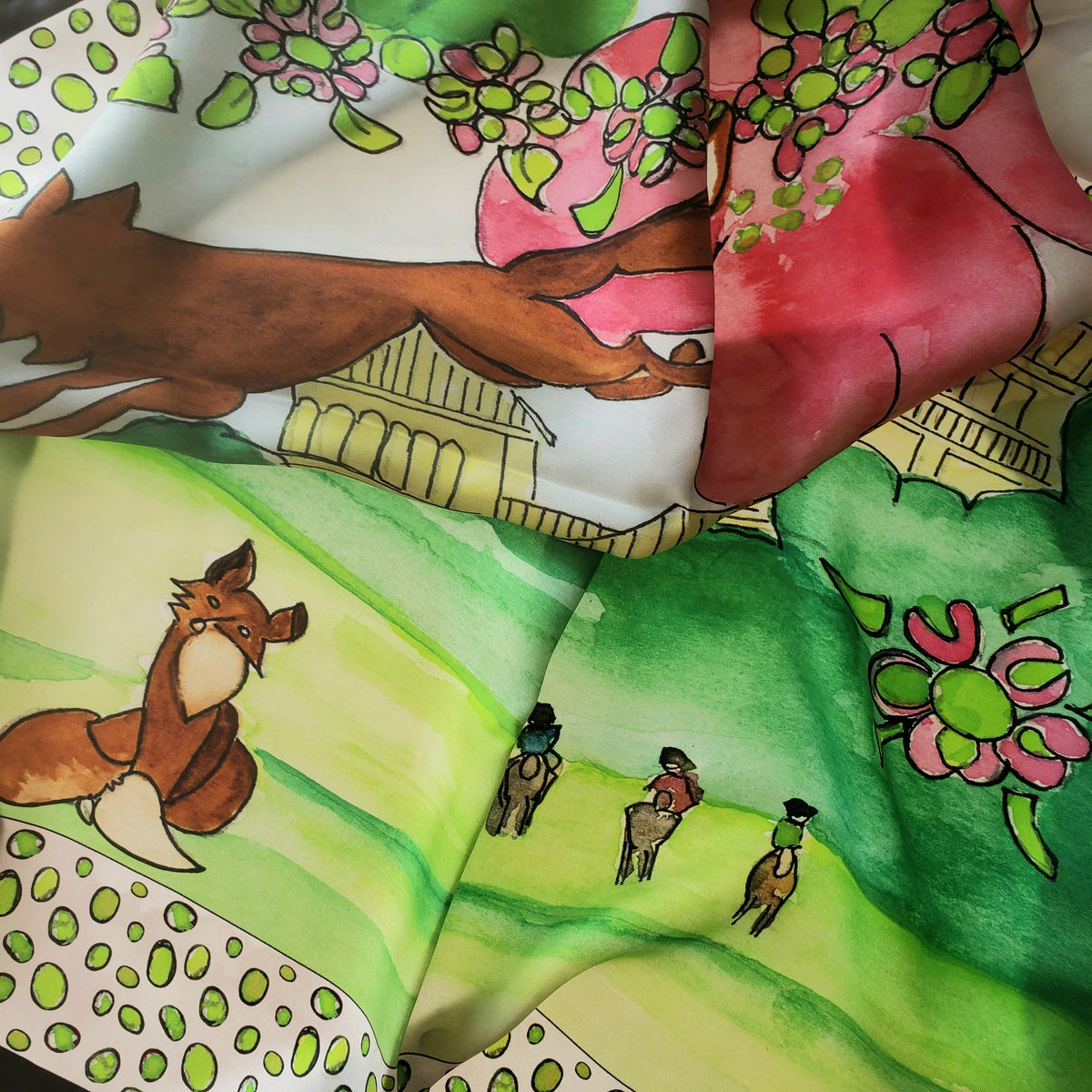 35 x 35 inch square 100% Italian Silk Twill Fox Leaping