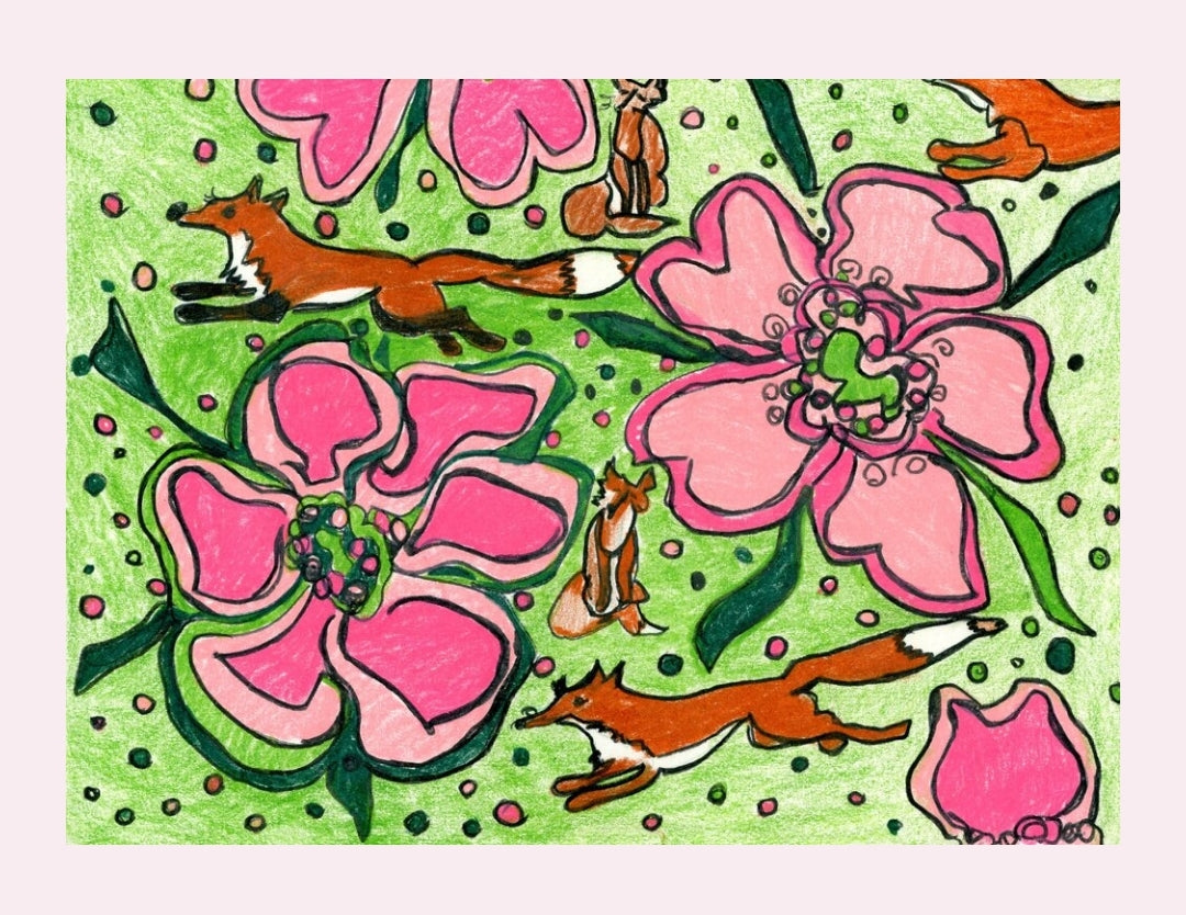 35 x 35 inch square 100% Italian Silk Twill  Fox in Pink and Green