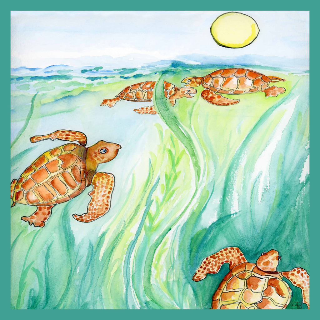 35 x 35 inch square 100% Italian Silk Twill Frolicking Sea Turtles