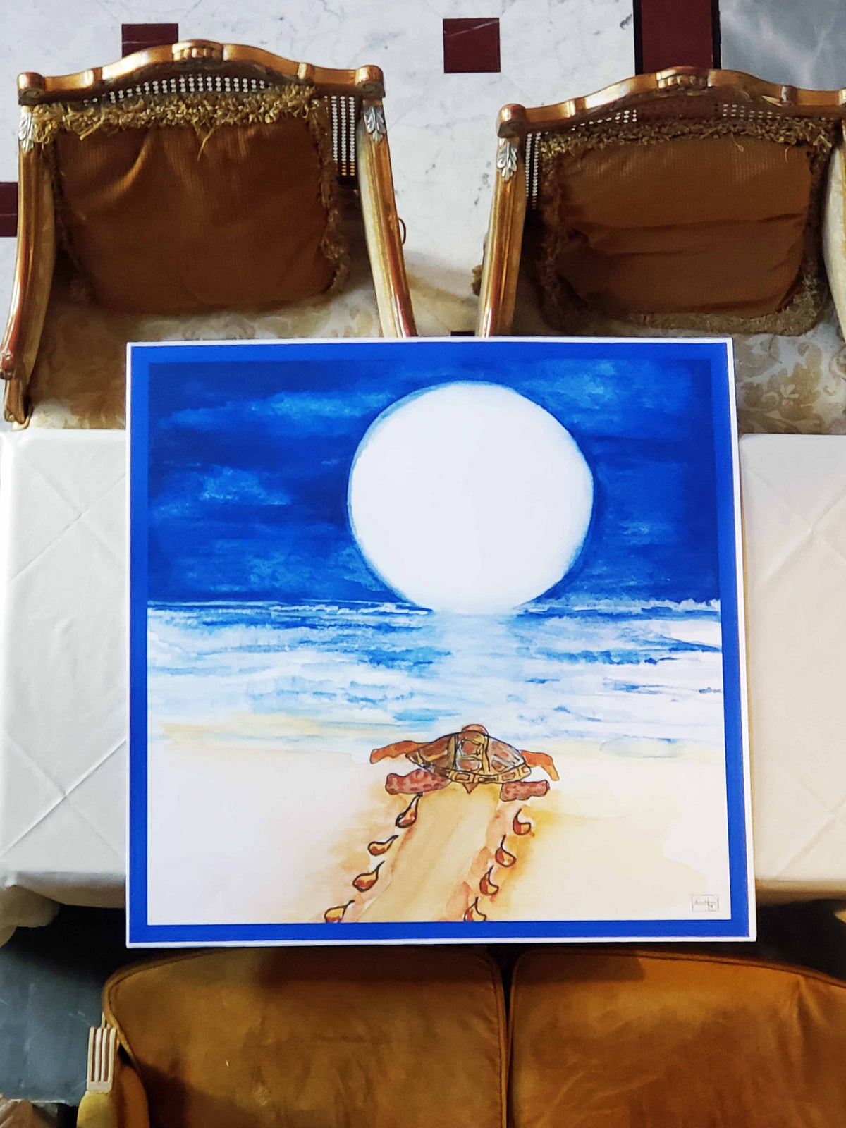 35 x 35 inch square 100% Italian Silk Twill Full Moon Baby Sea Turtle