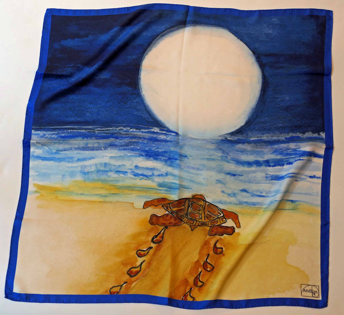 35 x 35 inch square 100% Italian Silk Twill Full Moon Baby Sea Turtle
